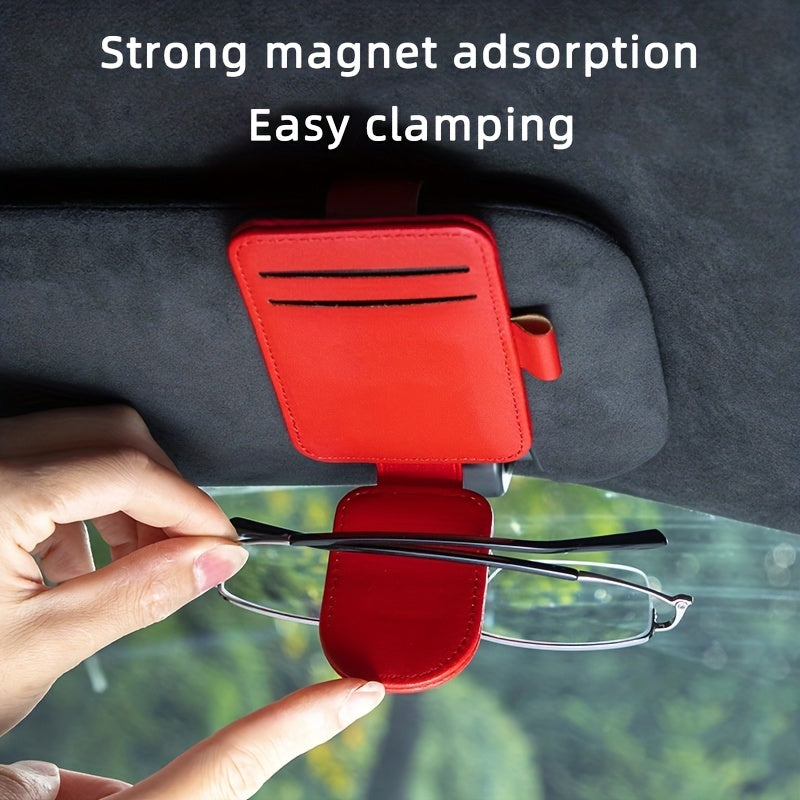Faux Leather Car Sunglass Holder with Magnetic Clip and Card Storage