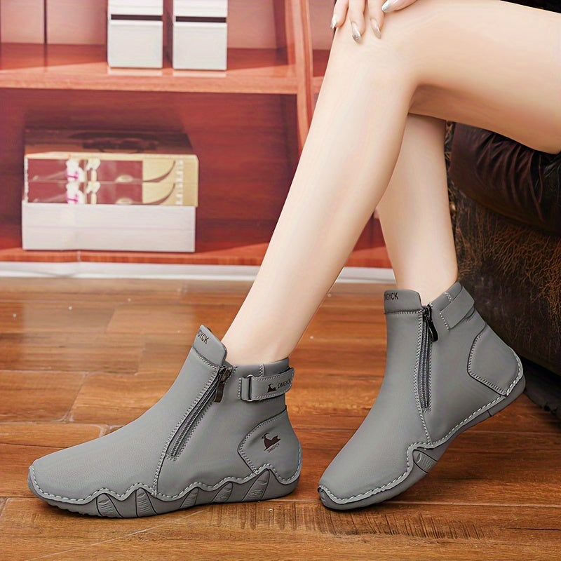 Zapatos casuales de color sólido para mujer con cremallera lateral y hebilla