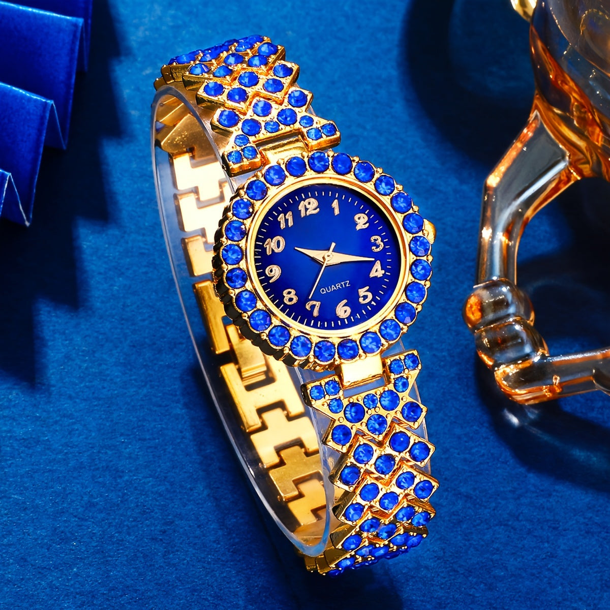 Klein Blue Quartz Watch and Synthetic Gem Jewelry Set for Women with Rhinestones