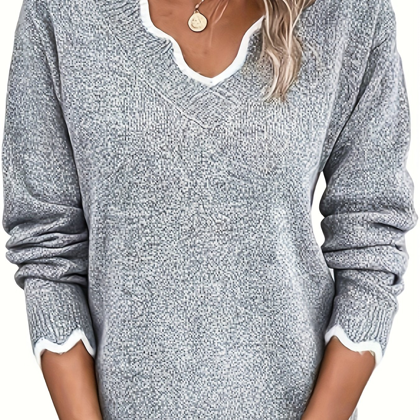 Plus Size Women's V Neck Sweater With Contrast Trim Long Sleeve Fall Winter Clothing