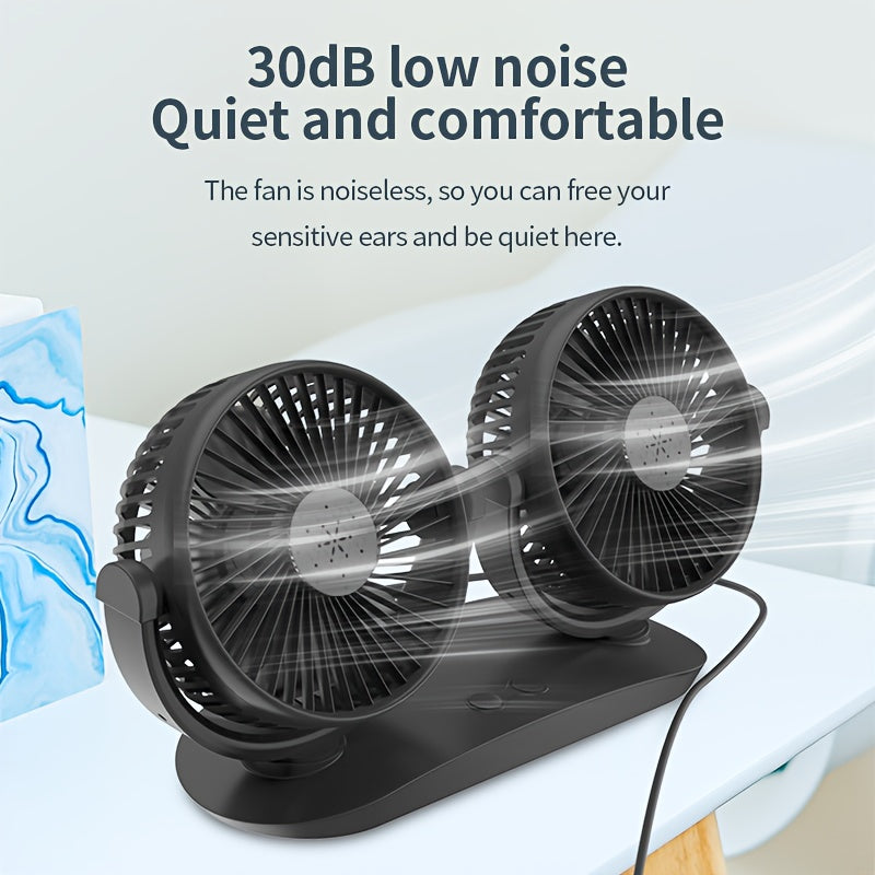 Portable Dual-Head USB Car Fan with Aromatherapy Cover, Adjustable Speed, Quiet Brushless Motor