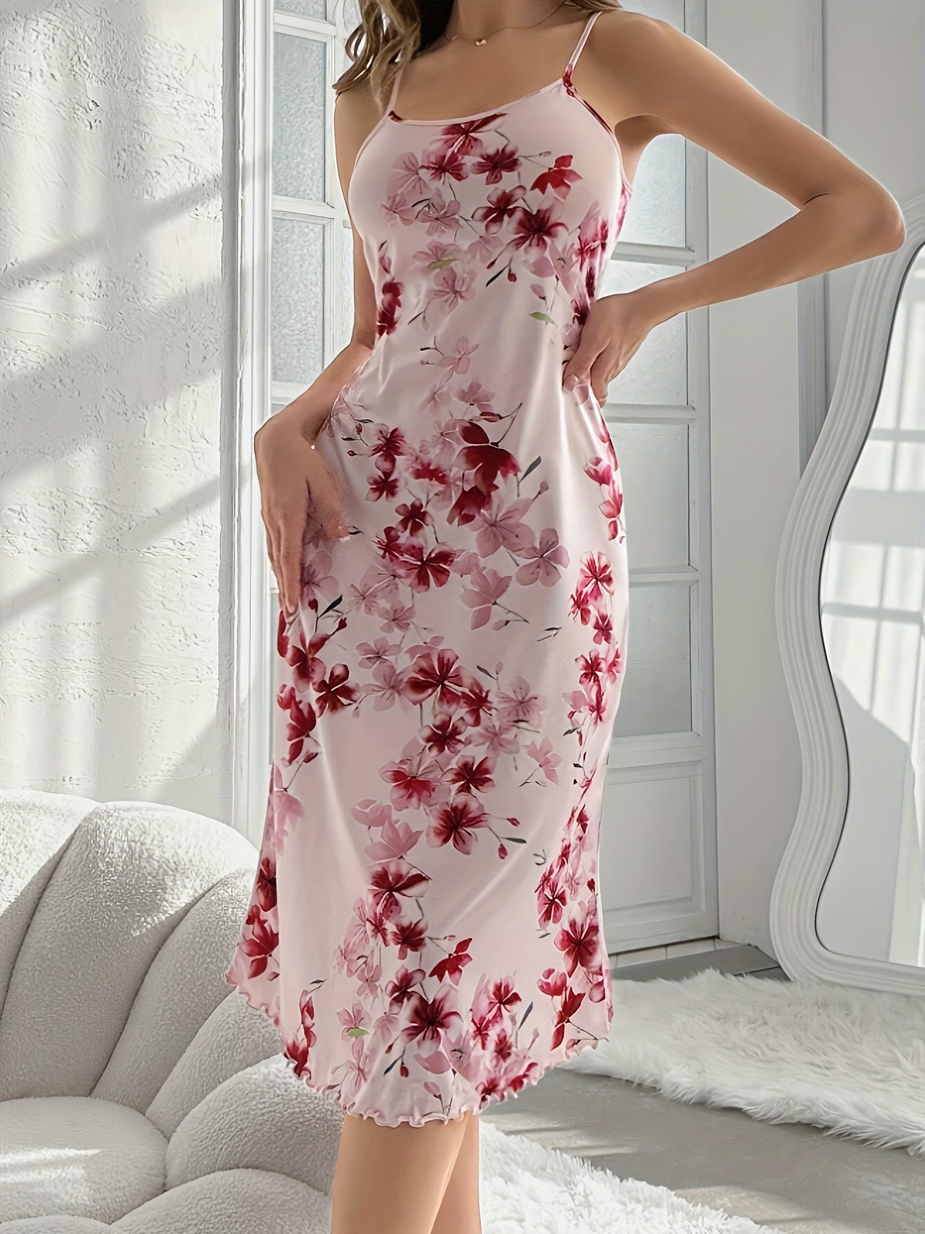 Floral Print Backless Nightdress with Lettuce Trim for Women