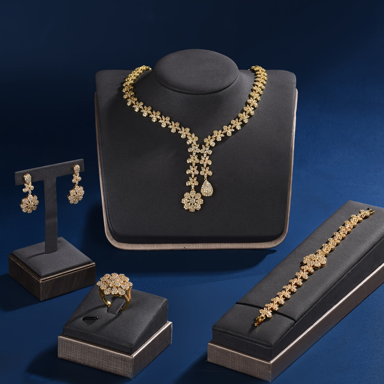Gold Plated Copper Jewelry Set for Women with Synthetic Zirconia 5-Piece for Parties Weddings