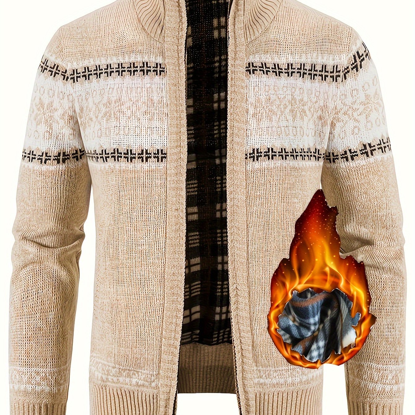 Erkaklar uchun kuz/qish sport kardigani, turli xil gul naqshlari, to'ldirilgan, to'liq zip, cho'ntaklar bilan, tasodifiy sayr qilish uchun - 100% polyester to'qilgan mato