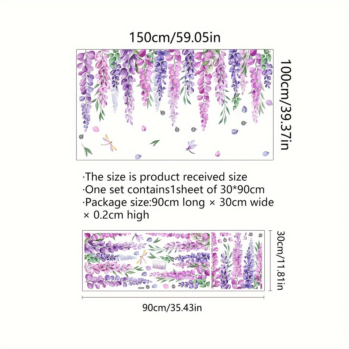 Wisteria Flower Vine Pattern Static Cling Window Film Privacy Glass Sticker 30x90cm