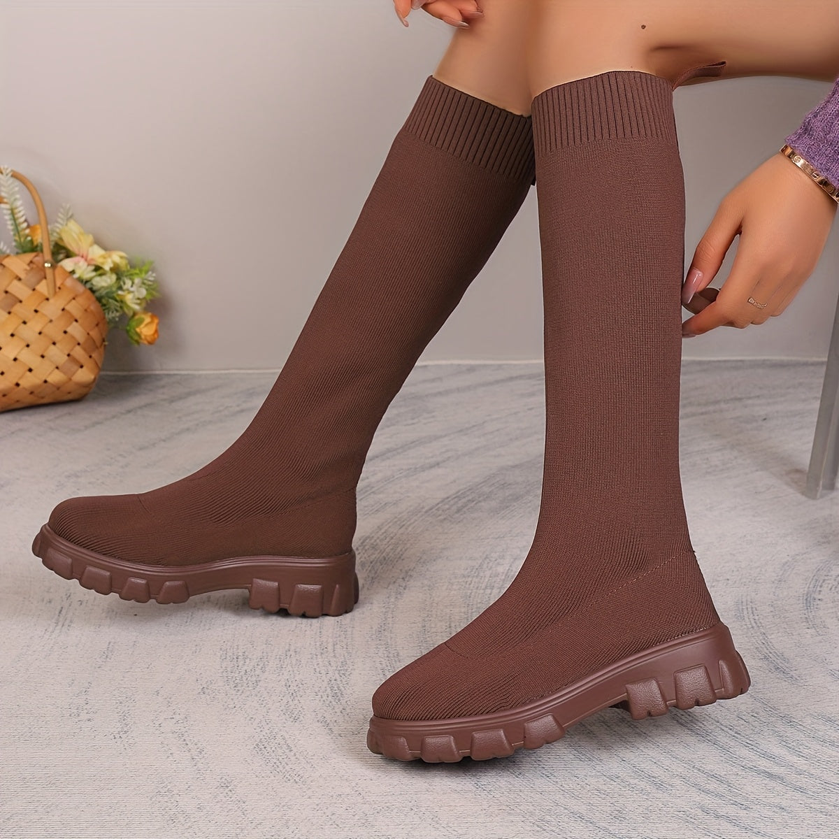 Women's Knee-High Sock Sneakers Black Platform Boots Breathable Fabric