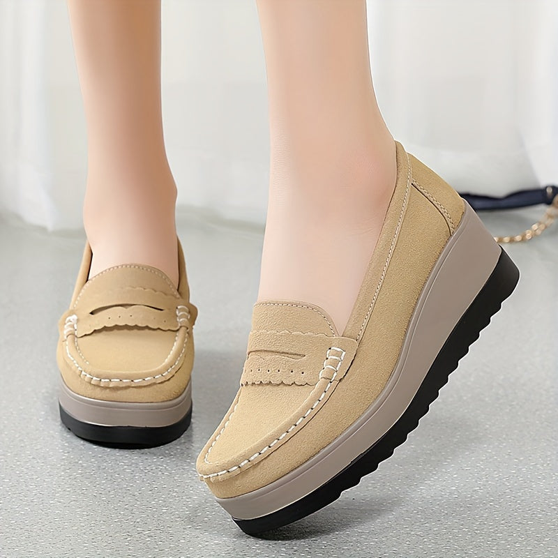 Women's Wedge Loafers Leather Slip-On Comfortable Elegant Casual
