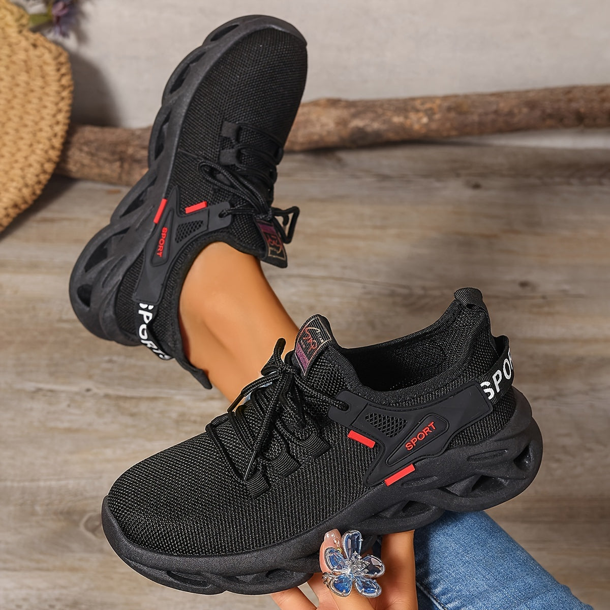 Women’s Red Breathable Knit Running Shoes Lightweight Cushion Sneakers