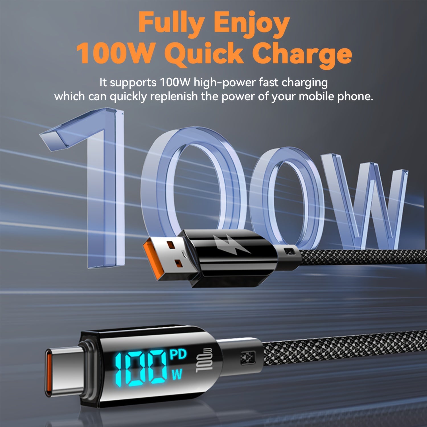 100W USB-A to Type C Fast Charging Data Cable for Smartphones and Devices