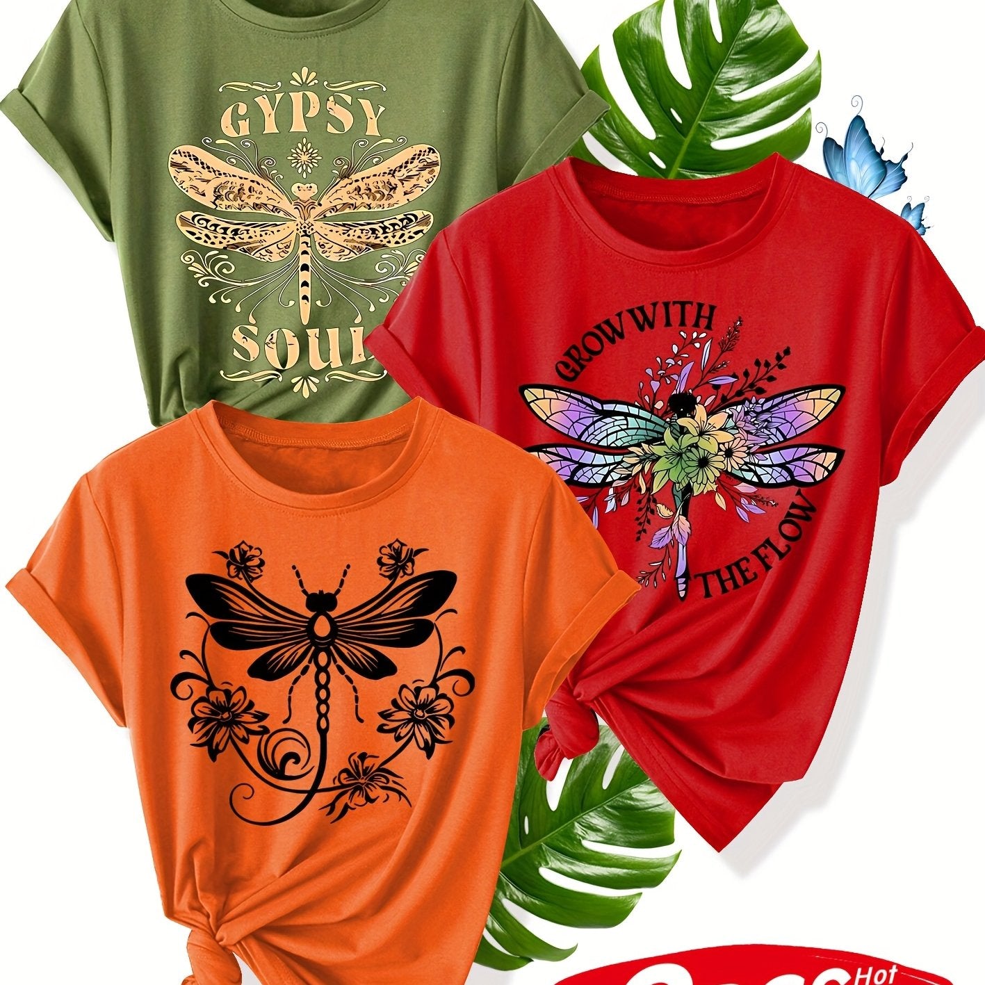 Women's Summer Casual T-Shirt With Flower Dragonfly Print Short Sleeve Multiple Colors