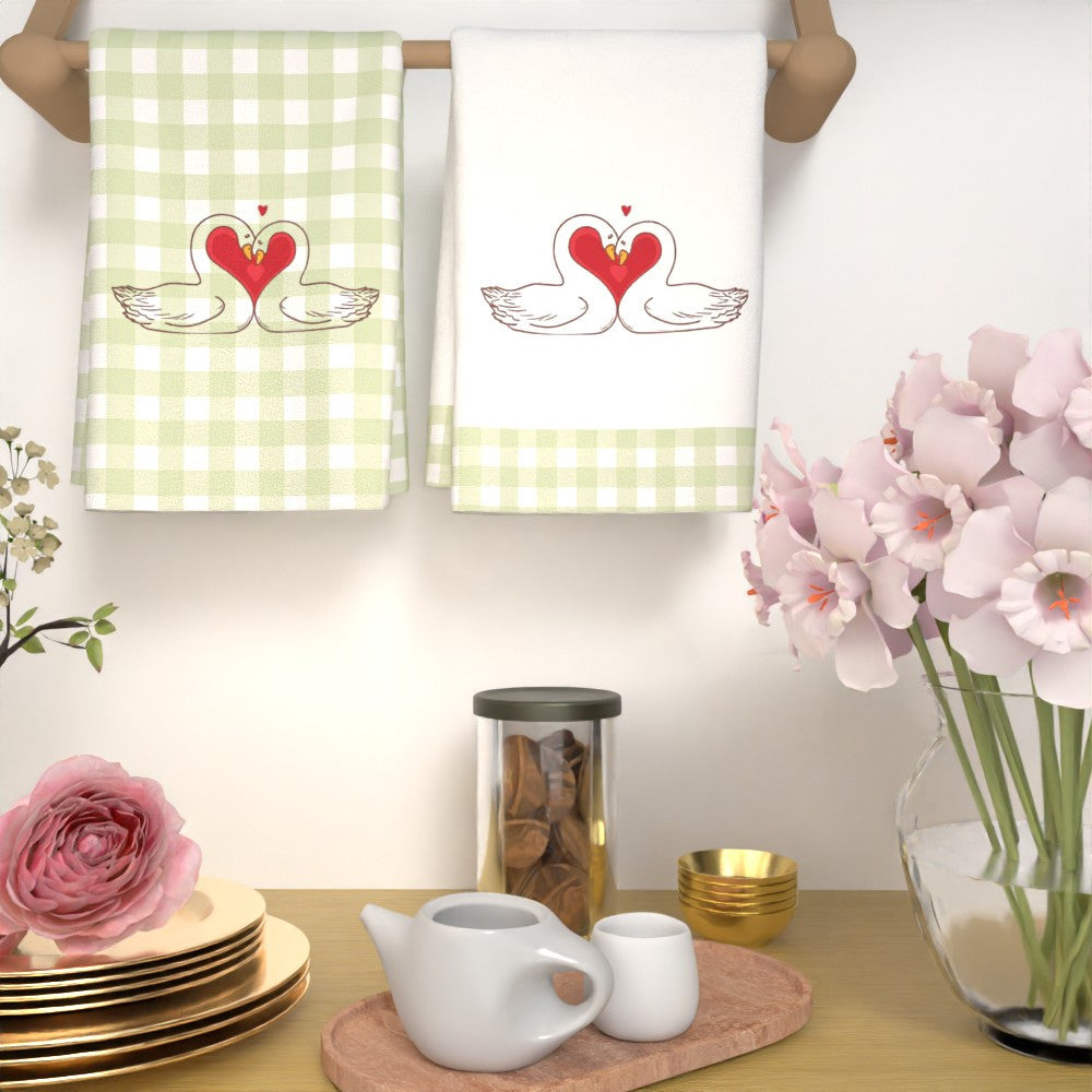 Valentine's Day Kitchen Towels Set 2 Pieces Heart Swans Design Quick-Dry Polyester