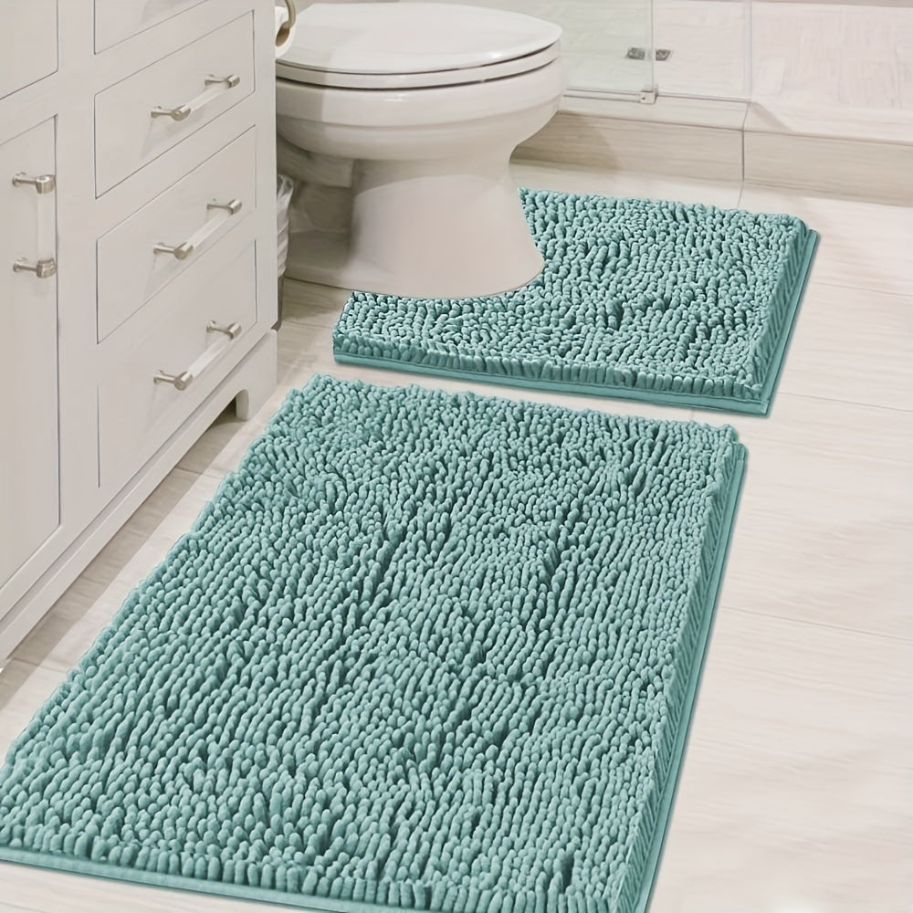 Set of 2 Chenille Bathroom Mats U-Shaped and Rectangular Shaggy Plush Water Absorption Non-Slip