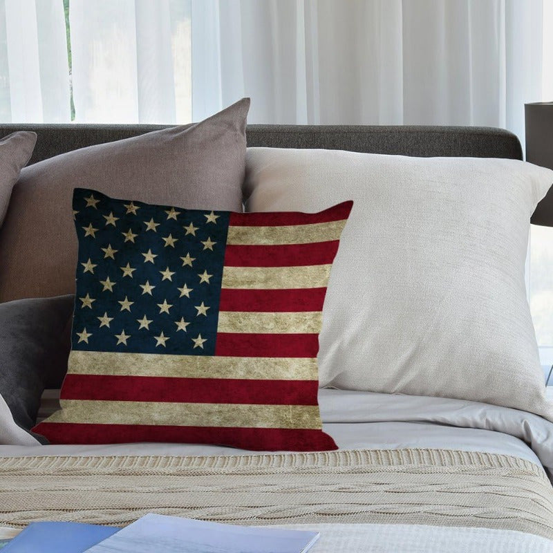 Vintage American Flag Linen Pillow Cover Square Cushion Case Decorative Throw Pillowcase for Sofa Armchair Living Room