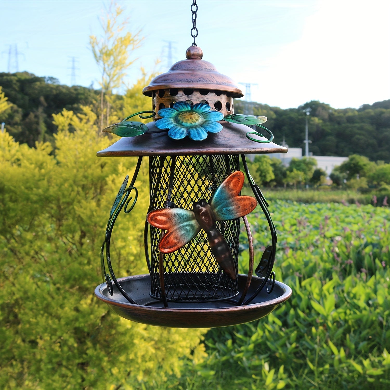 Metal Mesh Bird Feeder with Dragonfly and Flower Accents Outdoor Hanging Decor