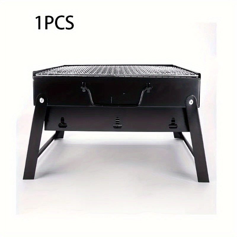 Portable black iron grill with adjustable lid for outdoor cooking picnics tailgating barbecues
