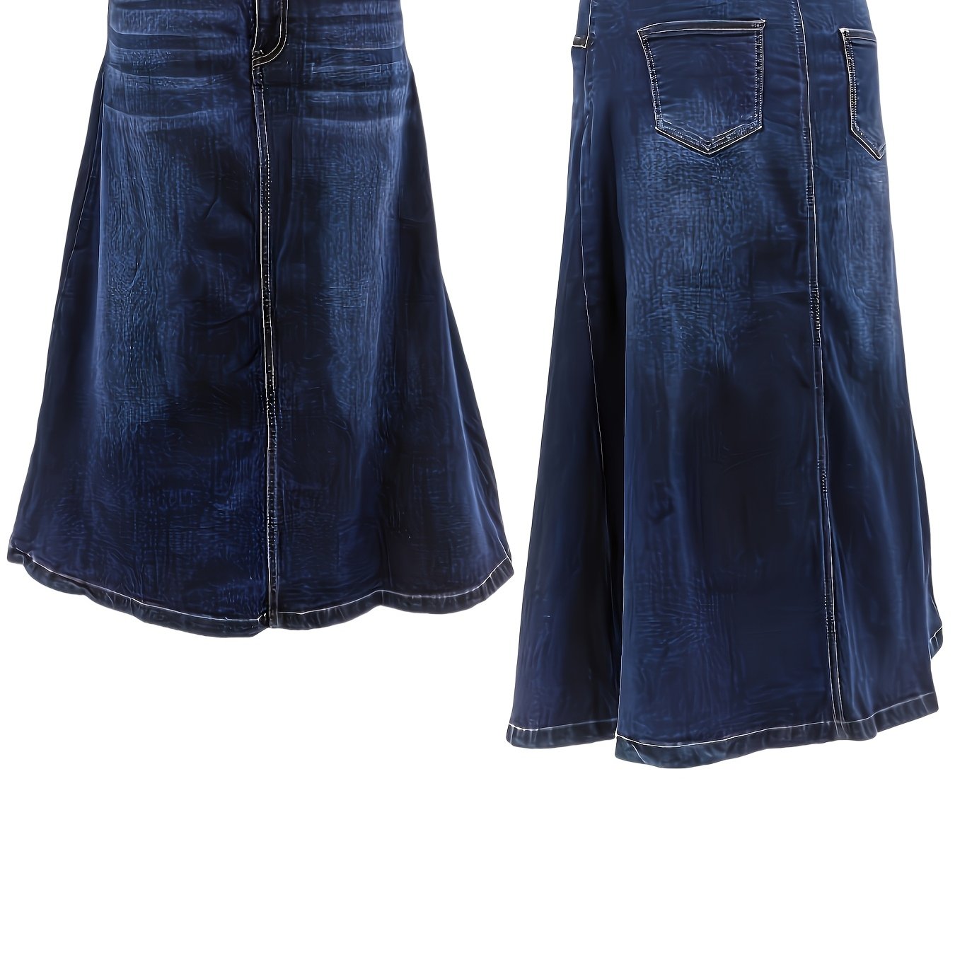 Women's Plus Size Blue Stretch Denim A-Line Midi Skirt With Button Details