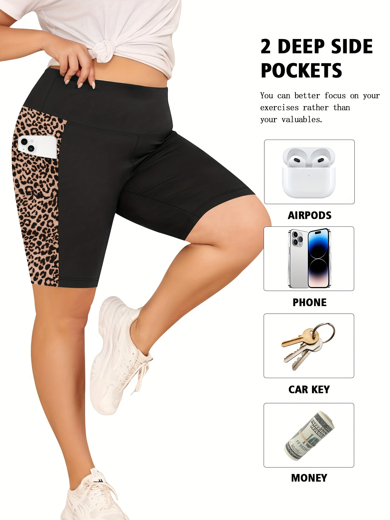 Pantalones cortos de yoga de cintura alta para mujer con control de abdomen, estampado de leopardo negro, transpirables, para verano, entrenamiento