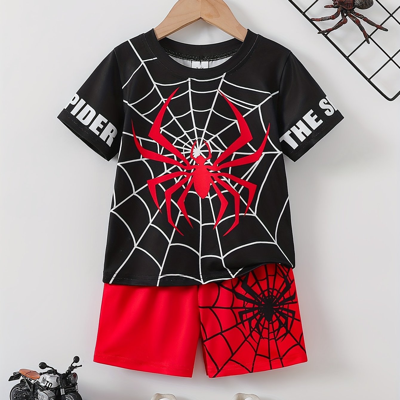 Kids Boys Spider Graphic Print T-Shirt and Shorts Set for Summer Comfort