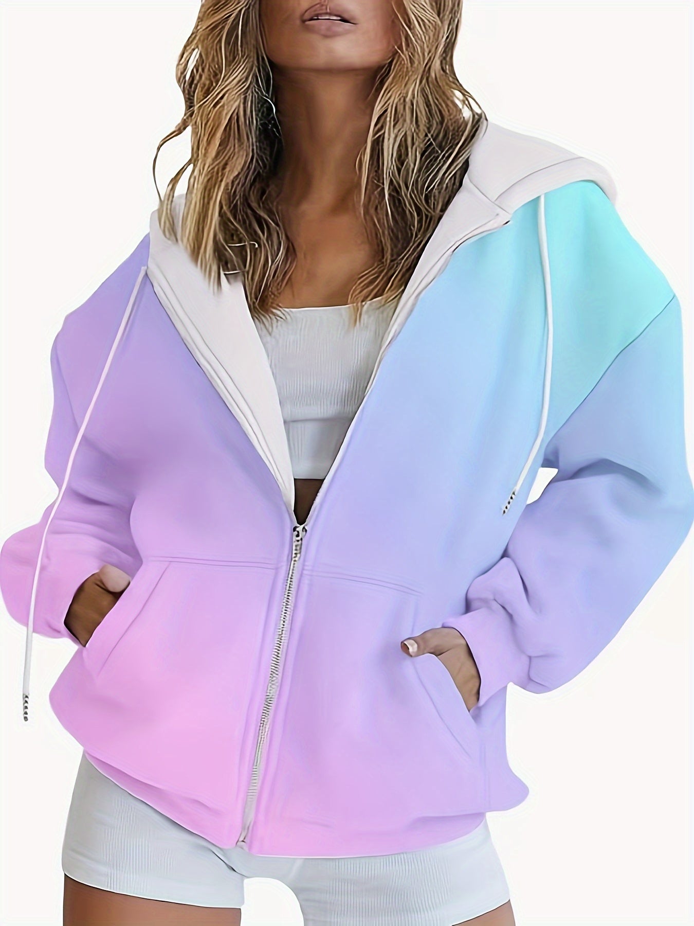 Women's Plus Size Gradient Ombre Hoodie with Zip Long Sleeve Knit