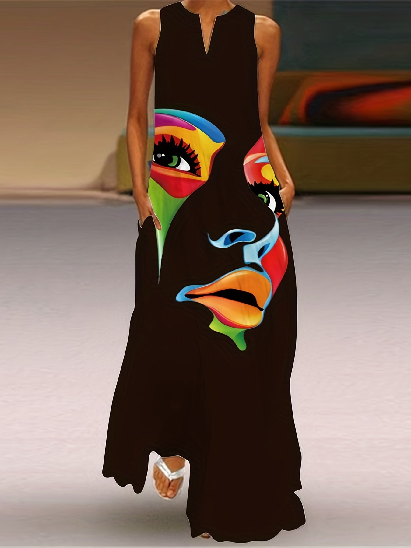 Women's Maxi Dress with Abstract Face Print V-Neck Sleeveless Casual Summer Spring