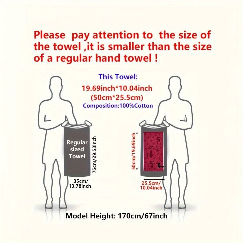 Mushuk paxta samovari qo‘l sochiq, osma halqasi bilan, hammom yoki oshxona uchun 50cm x 25.5cm Qizil Ko‘k Bej Qora Mushuk dizayni