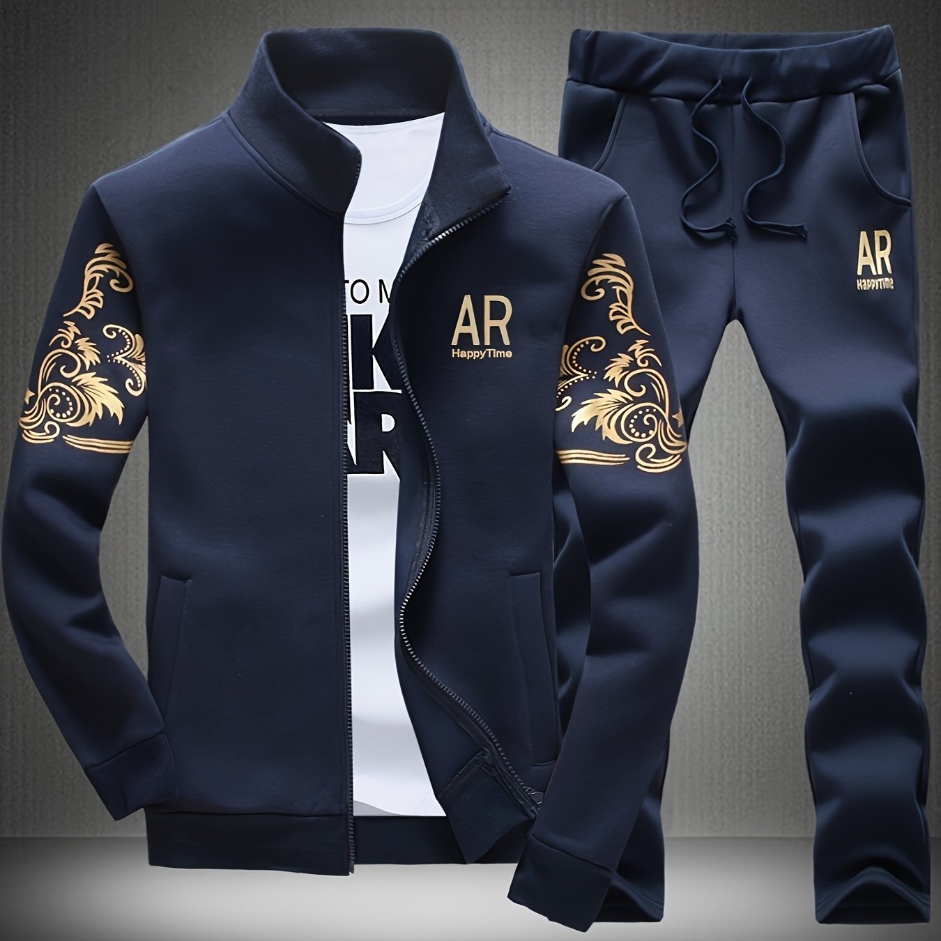 Men's Casual Sportswear Set Full Zip Printed Jacket and Drawstring Pants Polyester