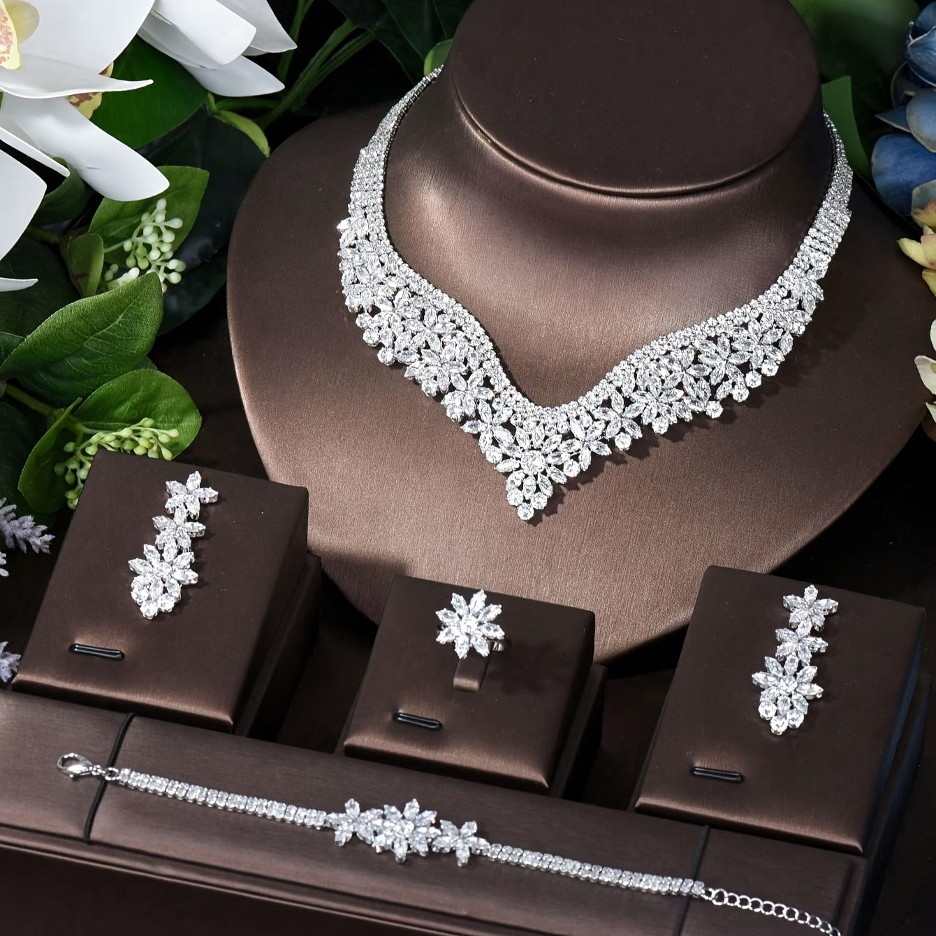 Women Middle Eastern Jewelry Set with Cubic Zirconia Necklace Earrings Ring Bracelet
