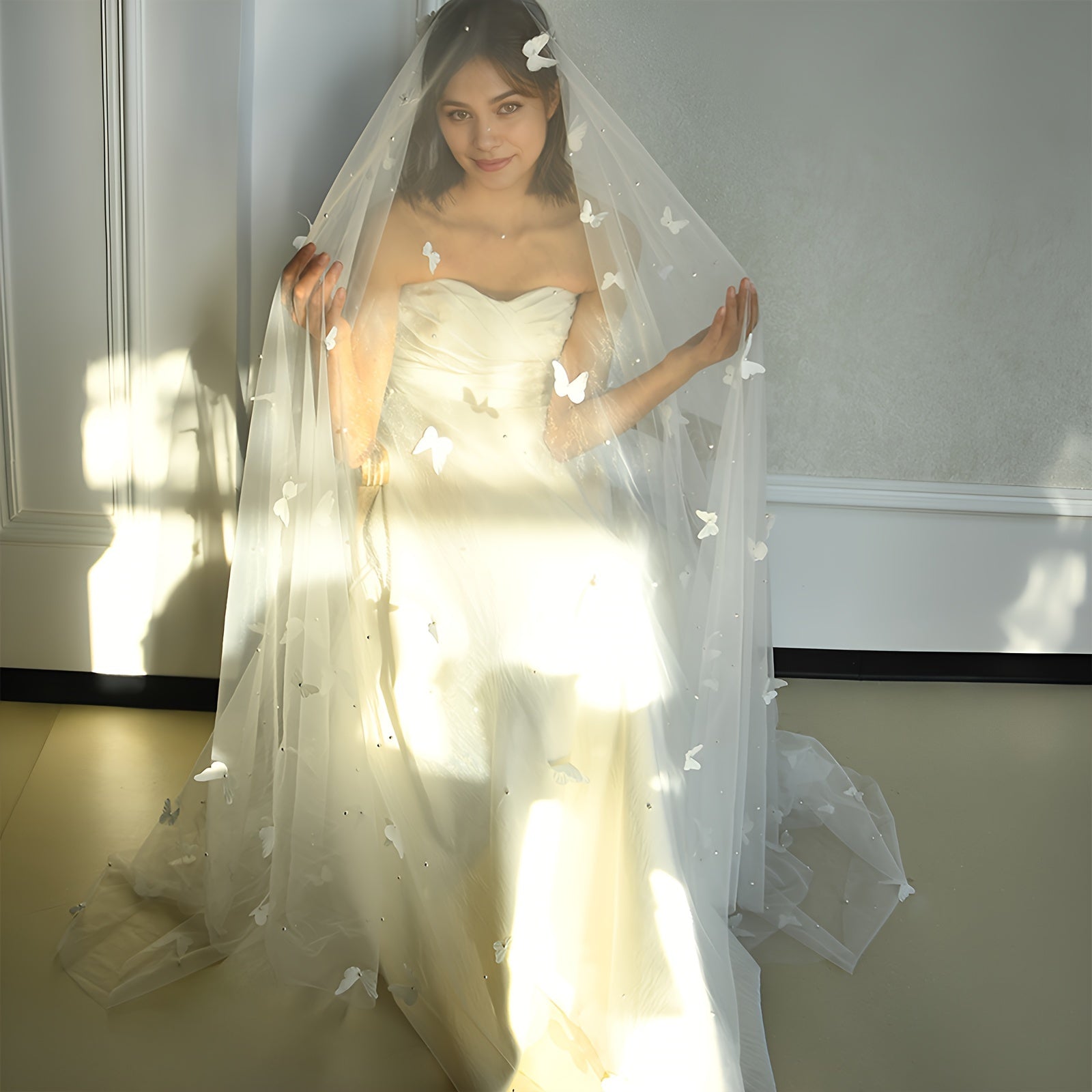 White Butterfly and Pearl Embellished Bridal Veil 3 Meters Nylon Wedding Accessory