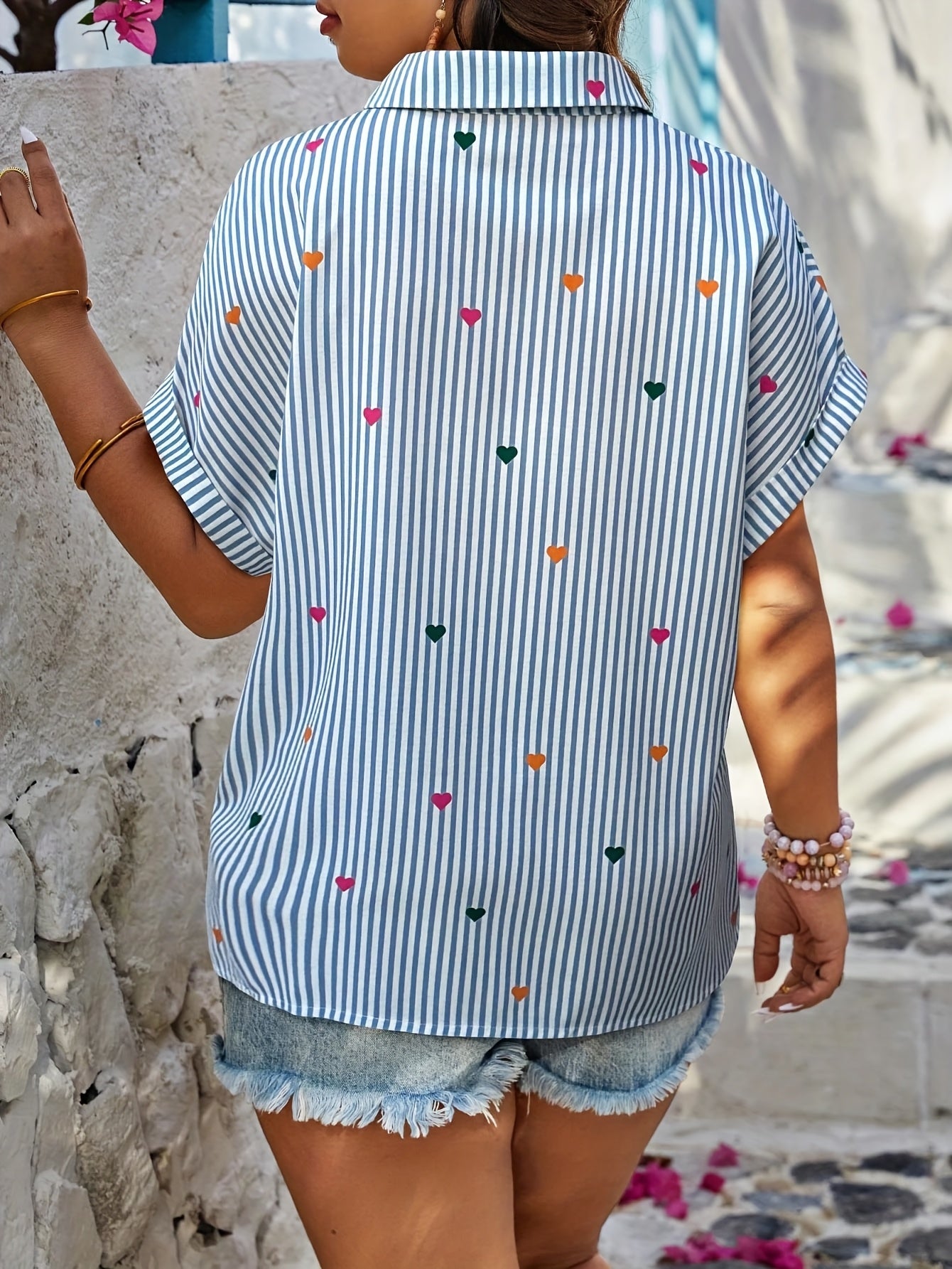 Plus Size Women's Striped Blouse with Heart Print Casual Summer Shirt