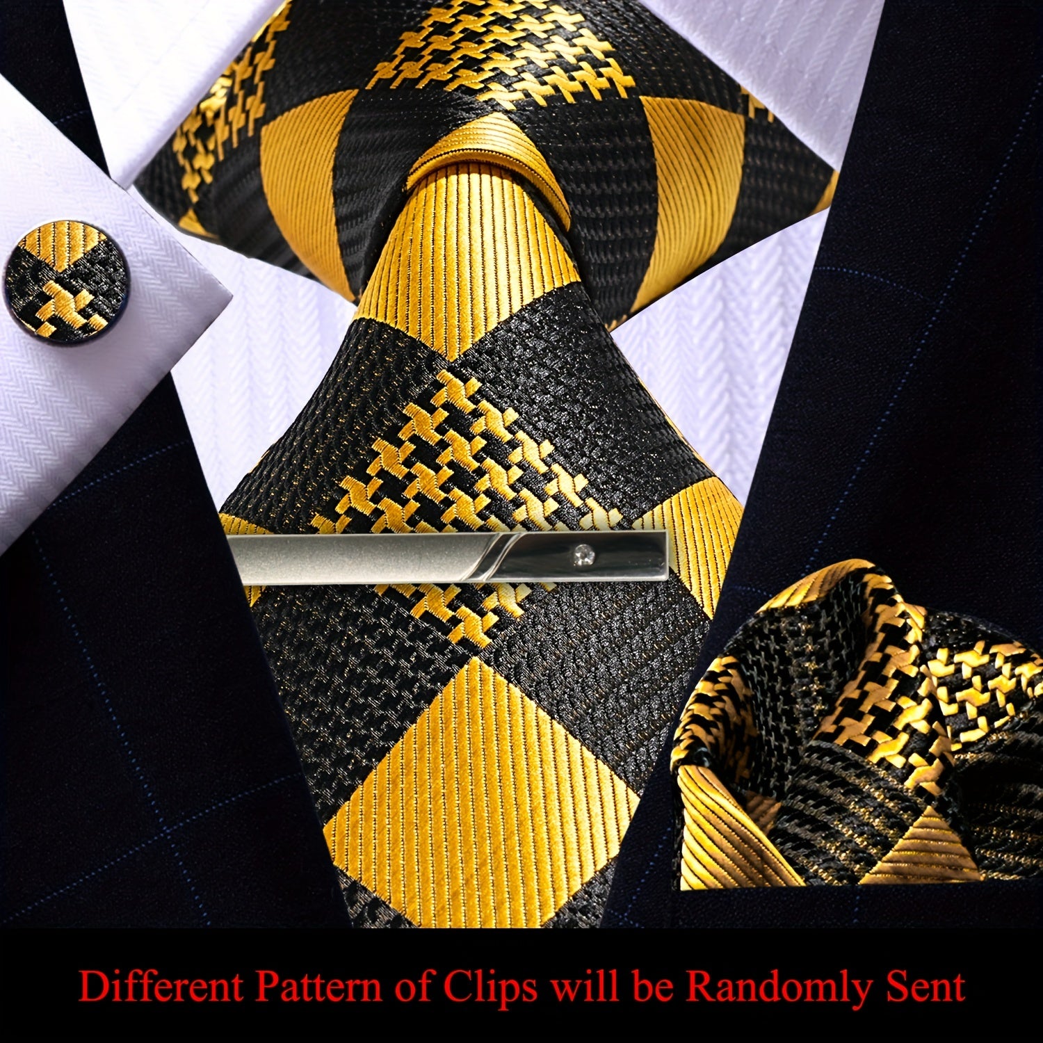 Men's Plaid Tie Pocket Square Cufflinks and Clip Set