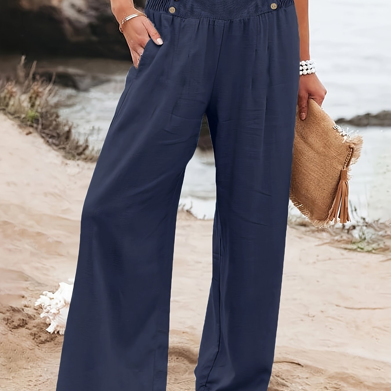 Women's Plus Size Wide Leg Pants with Drawstring Waist Solid Color Casual Beach