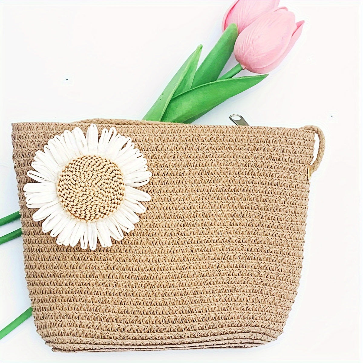 Women's Straw Hat and Pouch Set with Floral Accents for Outdoor and Vacation Use