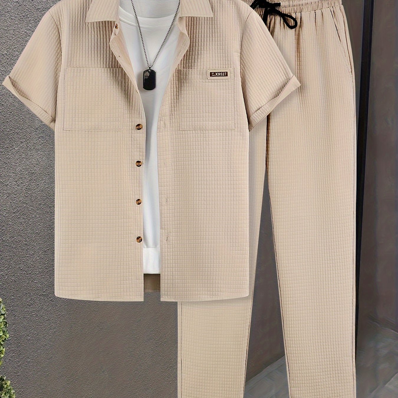 Men's Casual 2-Piece Outfit Solid Color Short Sleeve Shirt Drawstring Pants