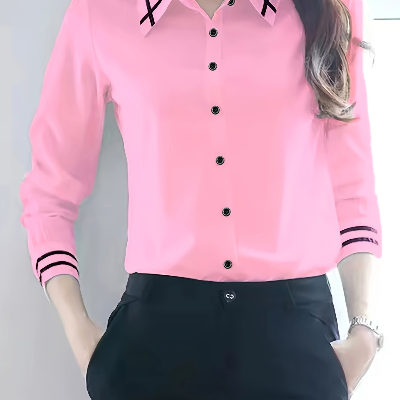 Women's Beige Polyester Dress Shirt Long Sleeve Button-Up Office Casual Spring Summer