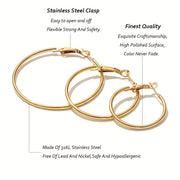 Set of Two Hypoallergenic Stainless Steel Hoop Earrings for Women in Gold and Silver Tones 30mm 40mm 50mm