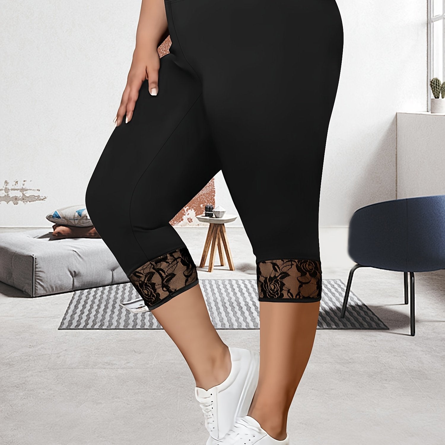 Women Plus Size High-Waist Lace Trim Capri Pants Green Stretchy 3/4 Length