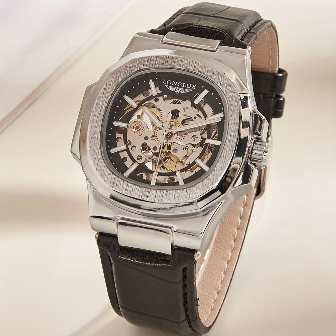 Model #8057P 4.1 sm barrel shaklidagi sun'iy charm bilaguzuk, kvadrat dial, ish va norasmiy kiyim uchun mos keladigan suv o'tkazmaydigan mexanik dizayn bilan ajralib turadi. Shuningdek, u mineral shisha yuzani o'z ichiga oladi.