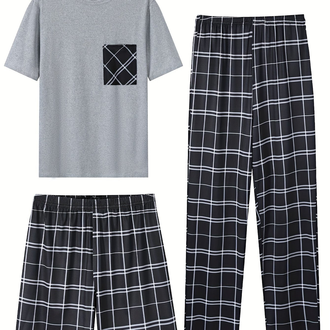 3-Piece Plaid Pajama Set Short Sleeve Crew Neck Top with Pocket Medium Stretch Polyester All-Season Comfort