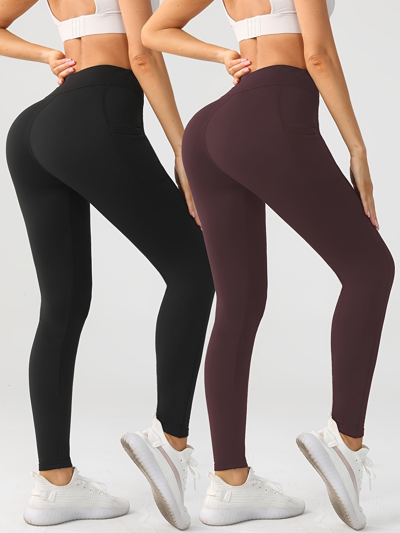 Women's Plus Size High Waist Yoga Pants Polyester Knit Skinny Tights with Pockets