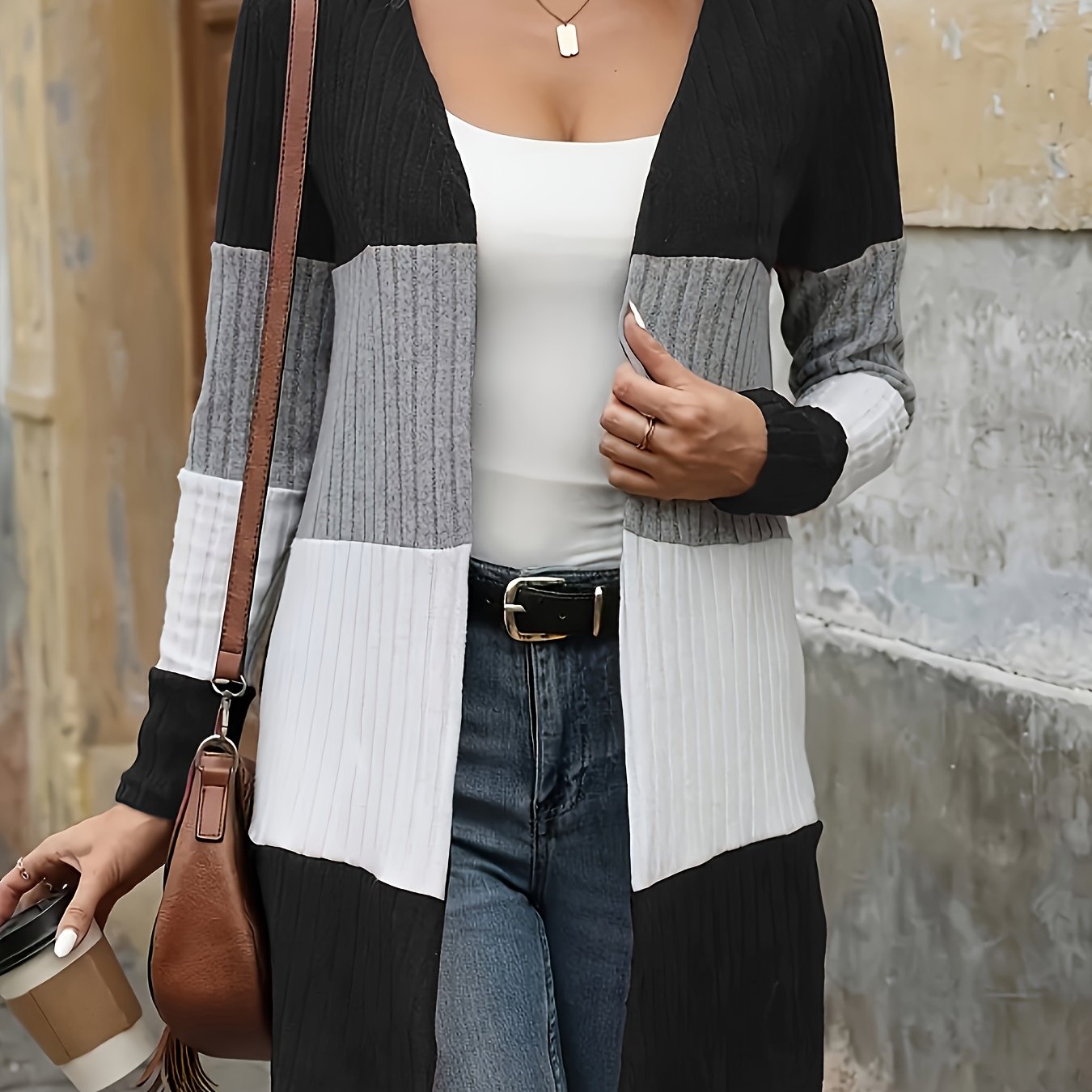 Женский кардиган с крупной клеткой из полиэстера, с круглым вырезом, универсальный свитер