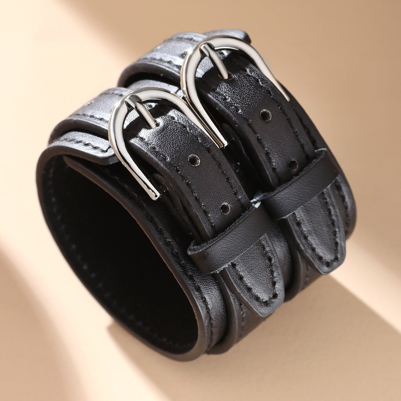Men's Punk PU Leather Bracelet with Double Buckle and Adjustable Fit