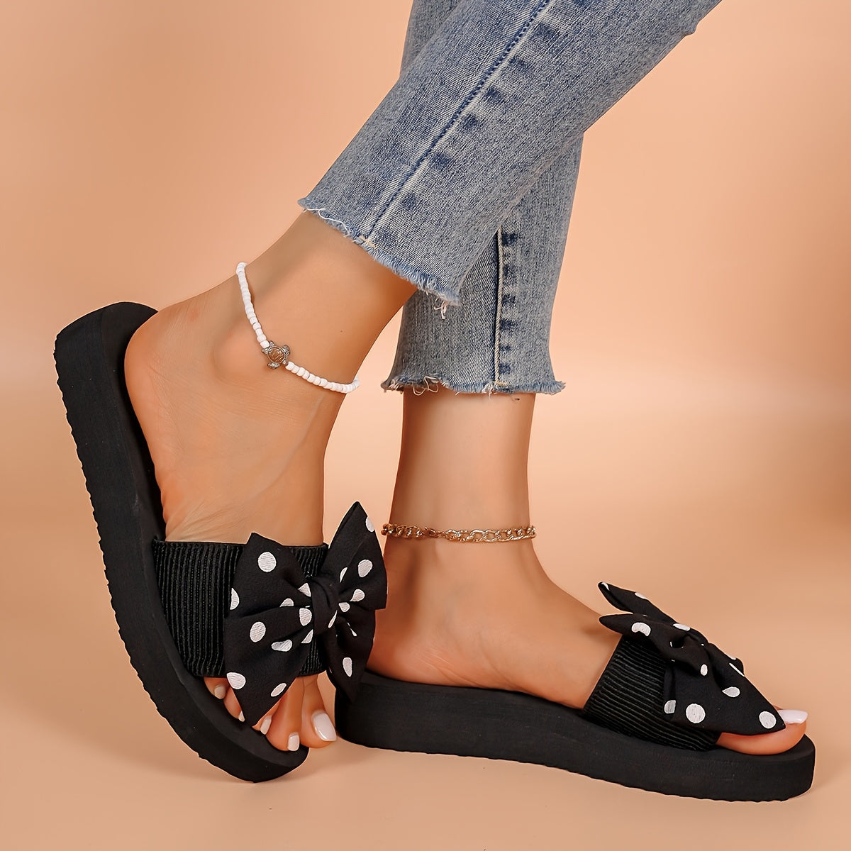 Women's Thick-Soled Floral Flip-Flops with Bow Non-Slip Beach Sandals