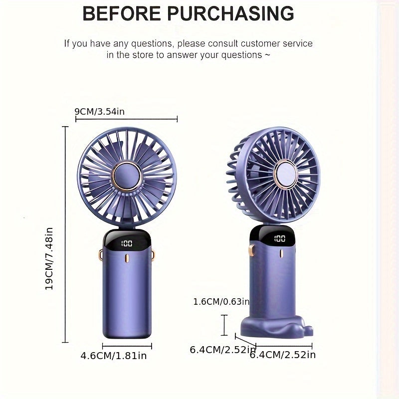 Portable Mini Fan with LED Display, USB Rechargeable, 5 Speed, Foldable, Battery Powered