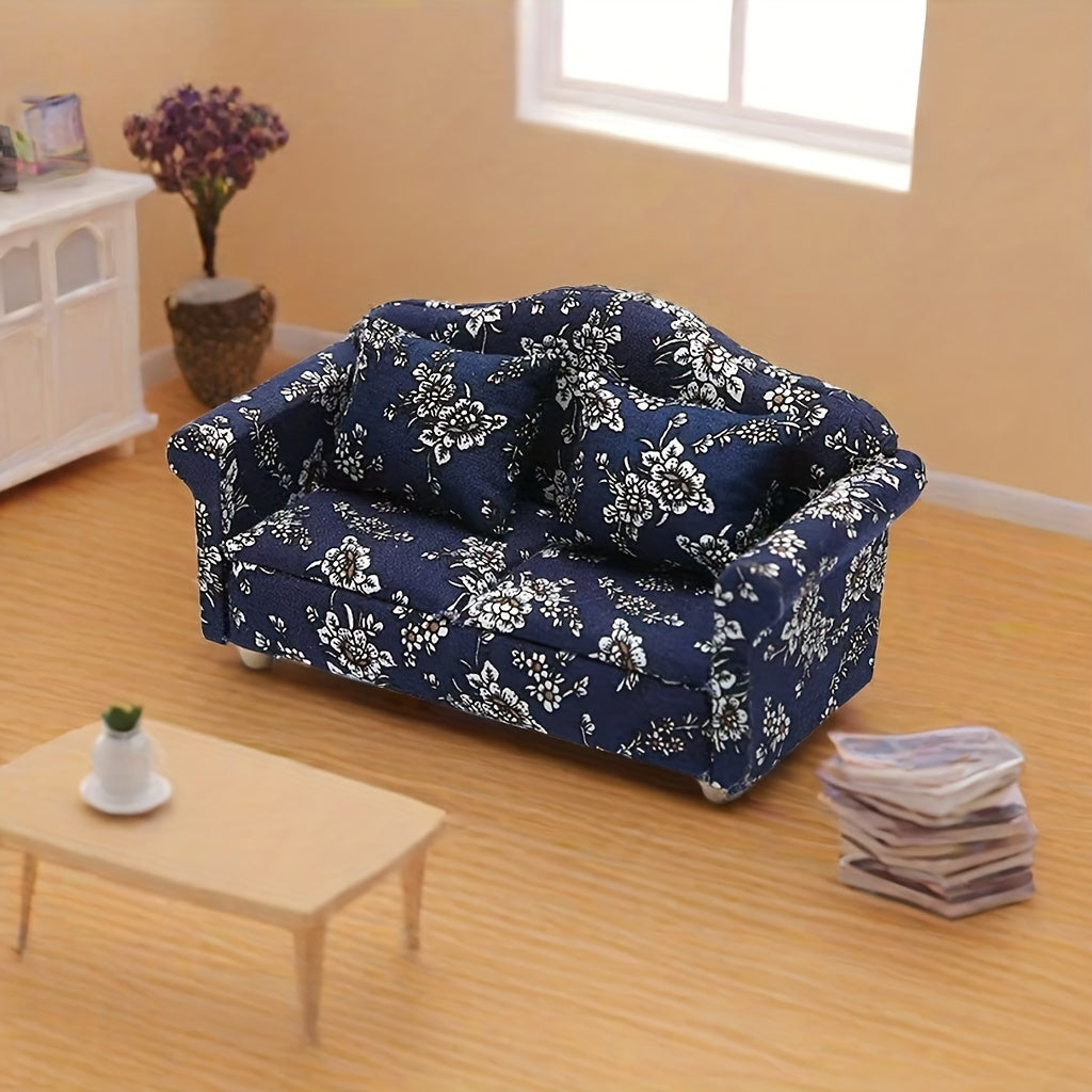 Small Blue Floral Wooden Sofa, Handmade Pocket Furniture for Relaxation