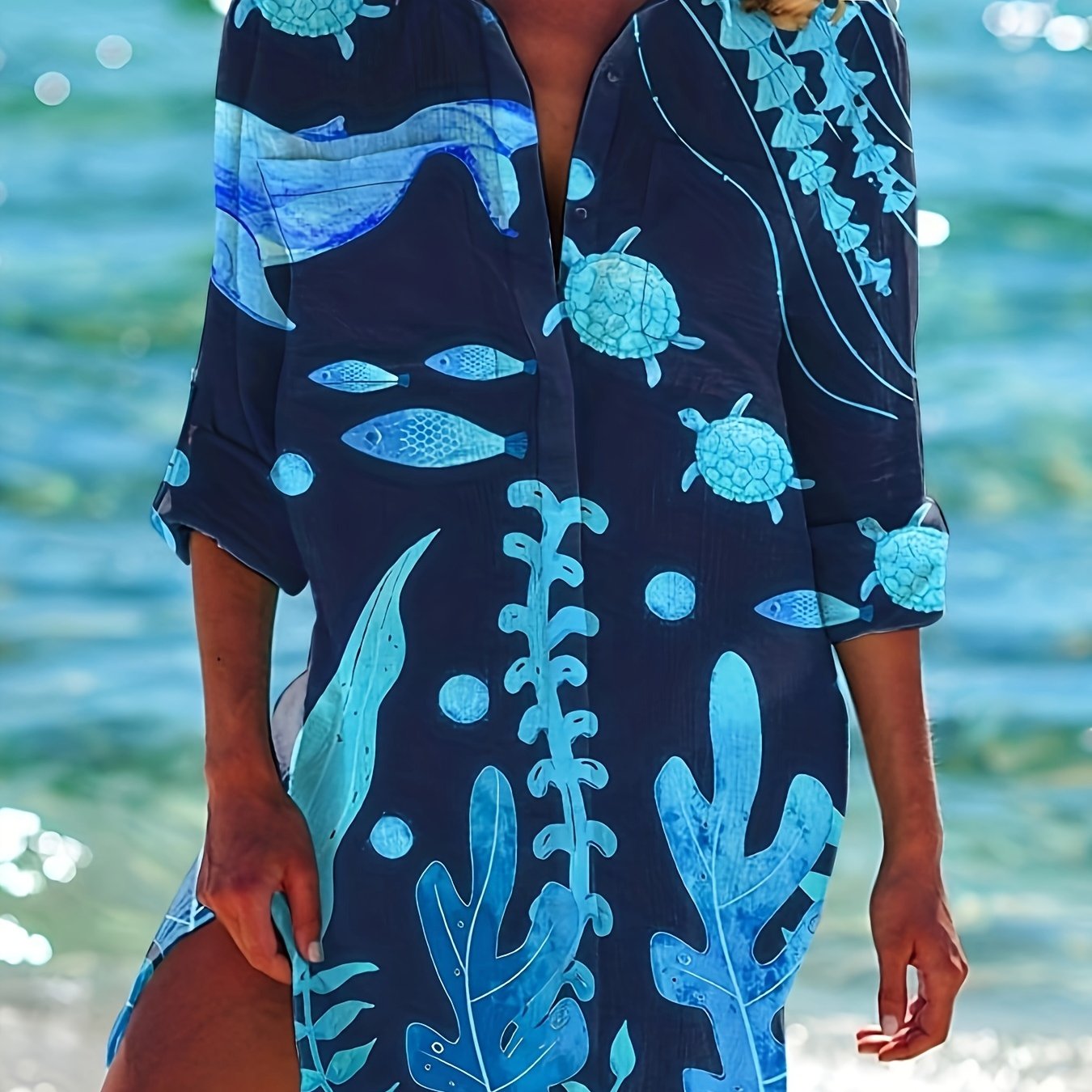 Camisa de manga larga para mujer de tallas grandes con estampado de pez acuático y diseño cómodo