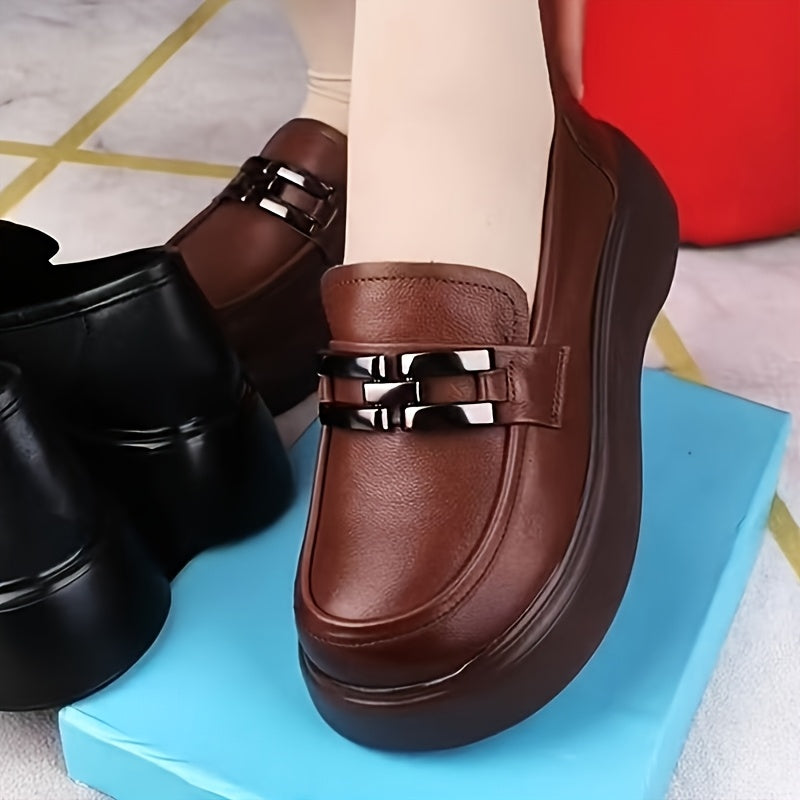 Women's Black Platform Loafers Round Toe Chunky Heel Casual Shoes