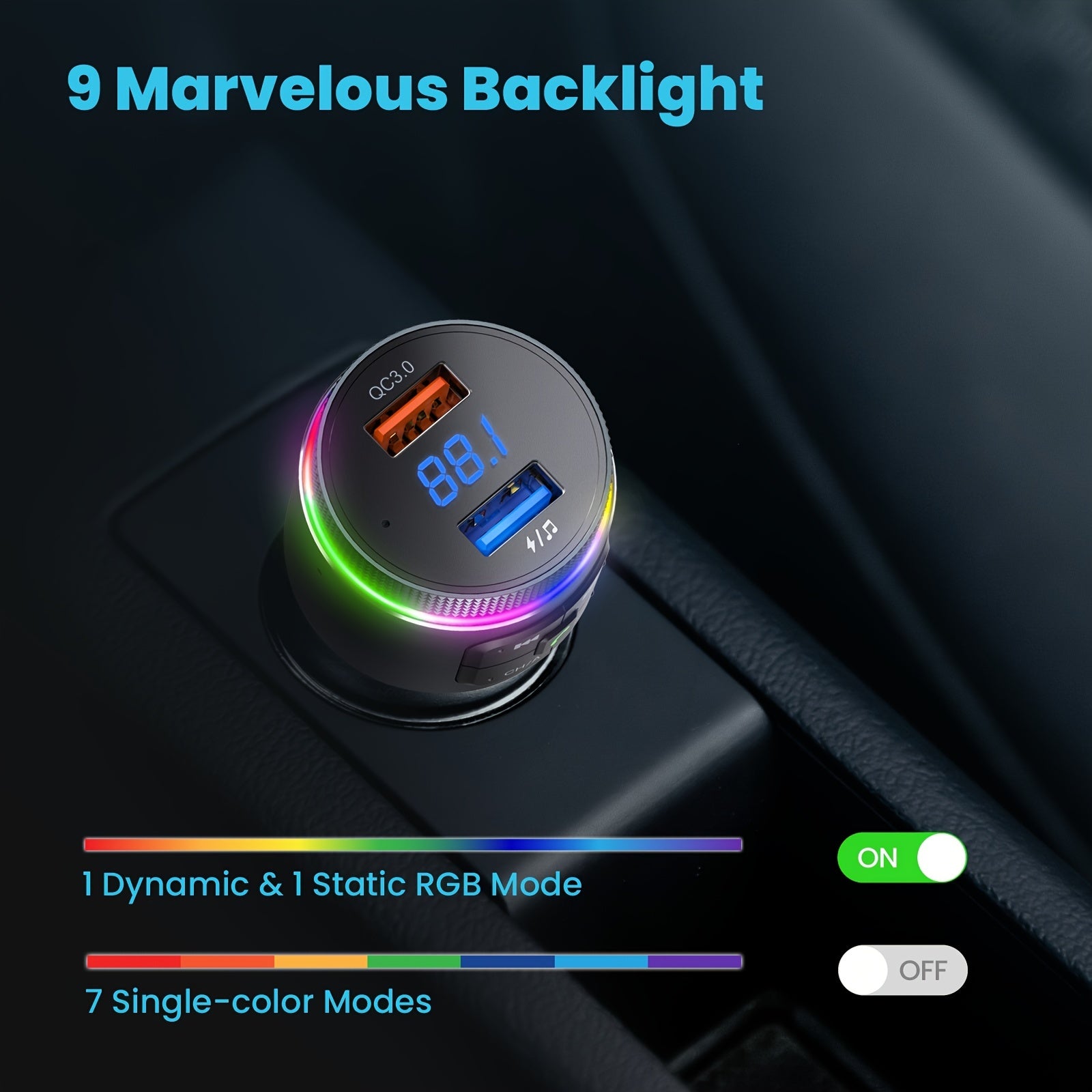 Wireless FM Transmitter Car Adapter with QC3.0 Hands-Free Calls LED Backlit