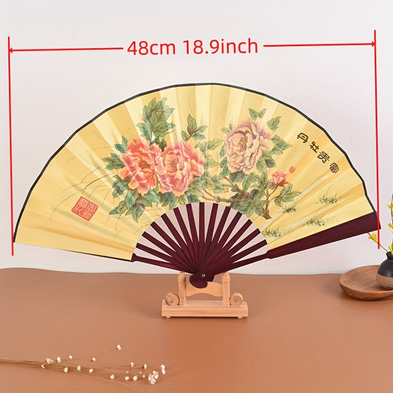 Ancient Style Chinese Folding Fan with Peony Plum Eight Jun Artwork 8-Inch