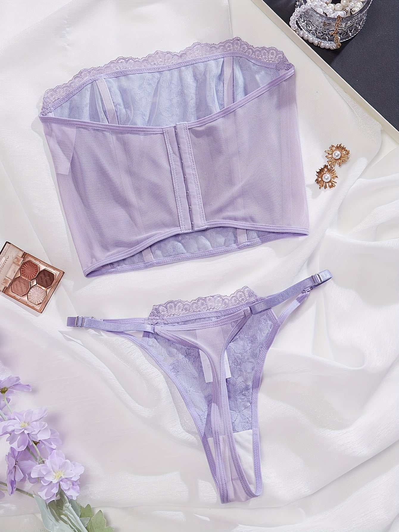 Women’s Lace Bra Set with 3D Rose Bud Design and Adjustable Straps