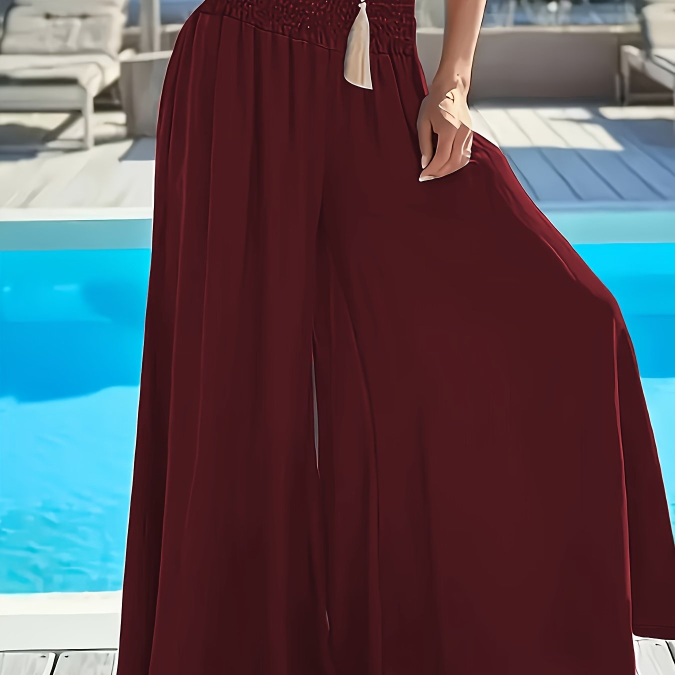 Plus Size Women's High-Waisted Wide Leg Pants Solid Green Polyester Casual